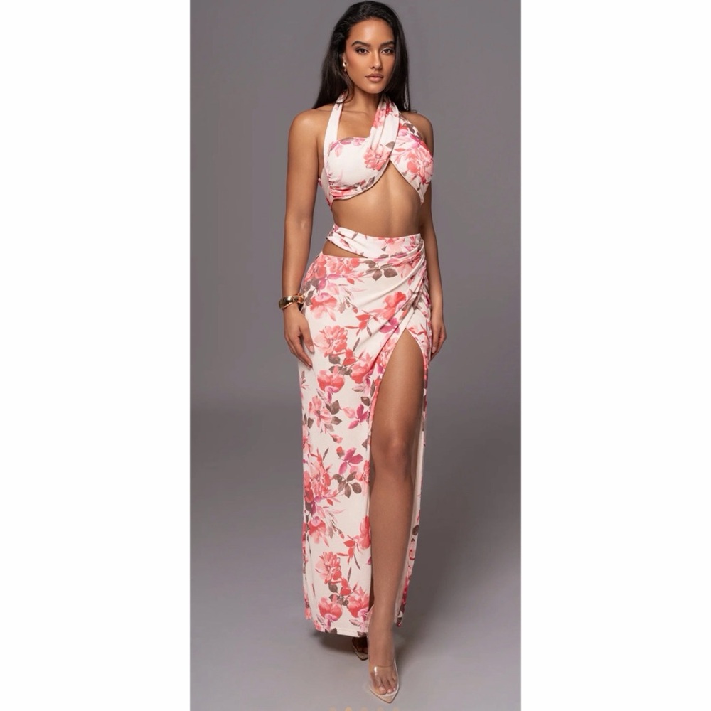 JLUXLABEL IVORY FLORAL NEW AGE TWO PIECE SKIRT SET